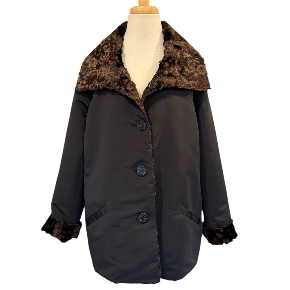 Chicos Reversible Brown Faux Fur Coat Jacket Brown Black Winter Large Chico’s 3 - Picture 2 of 12